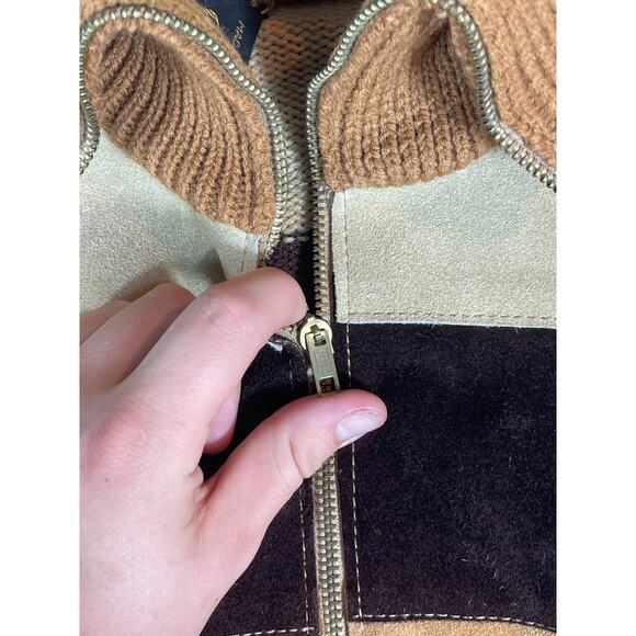 VINTAGE 90s Bomber Jacket Mens Medium Brown Leather Striped Knit Turtleneck Y2K - Picture 6 of 7